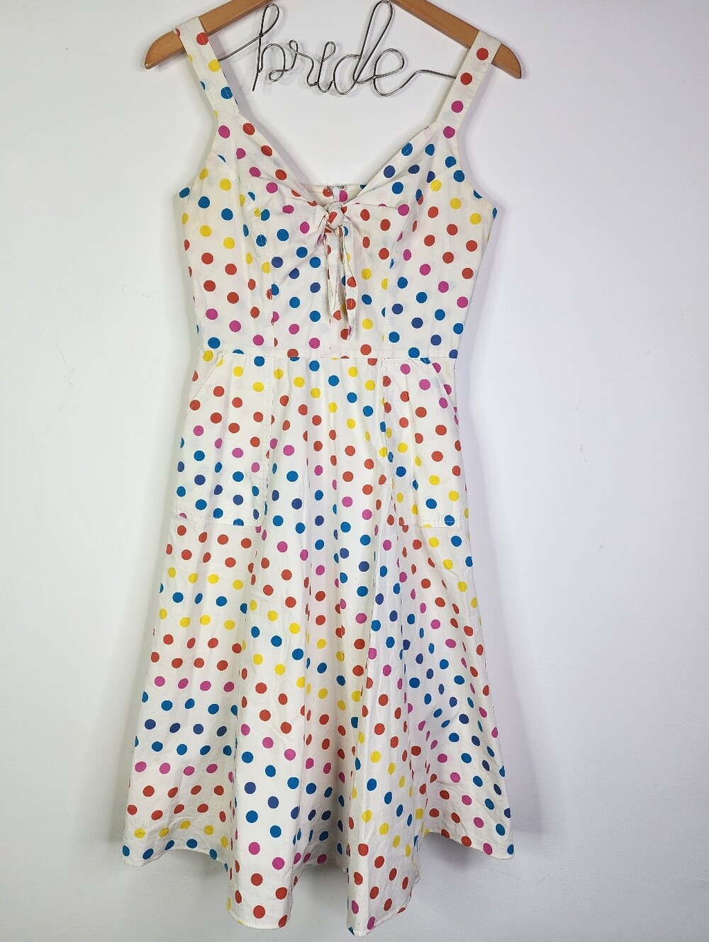 Dipping Dot Coco Dress, White Multicolor Polka Dot Kids Dress with Tie Front